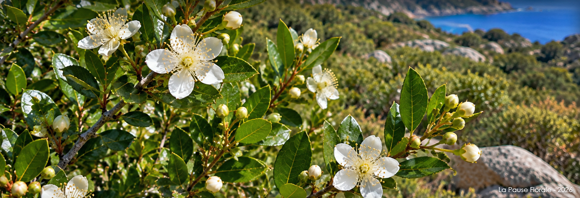Photo représentant le myrte de Sardaigne en fleur.